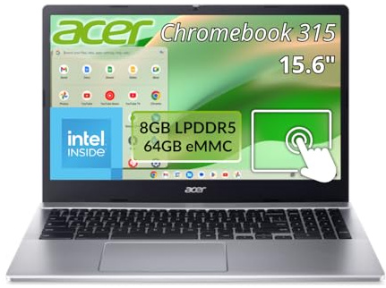 Acer Chromebook 315 CB315-5HT-C66N N100 8GB RAM 64GB Storage Silver | Chrome OS, touchscreen display, Full HD resolution, 60Hz refresh rate, WiFi connectivity, Bluetooth, USB-C port