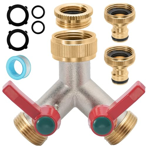 iBamso Messing 2 Wege Y Verteiler mit 3/4 Zoll Schlauchanschluss, 1/2 und 3/4 Wasserverteiler 2-Wege Gartenschlauch Adapter Verlängerter Griff, Gartenschlauch Verteiler für Garten Bewässerung Küche