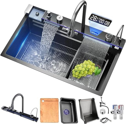 FGNIXLN Küchenspüle, T304 Edelstahlspüle, multifunktionale Küchenspüle, Wasserfall-Spüle, Einbauspüle mit multifunktionalem digitalen Wasserhahn und verschiedenen Zubehörteilen (75X45CM, Dunkelgrau)