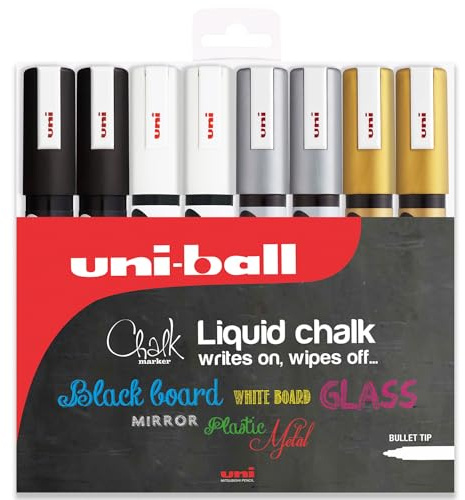 Uni PWE-5M - Pennarelli a gesso liquido, non permanenti, confezione da 8, nero, bianco, argento e oro
