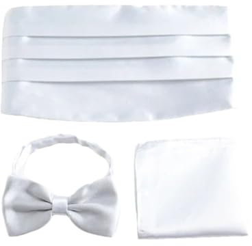 Kummerbund-Set für Herren, Einstecktuch, Fliege, Smoking, Hochzeit, breiter Gürtel, zeremonieller Gürtel, weiß, Einheitsgröße