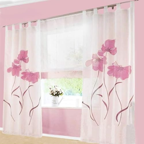 SIMPVALE Schlaufenschal Vorhänge Gardinen Wohnzimmer Vorhang Blumen Muster Schlaufengardinen 1 Stück, Transparenz übergardinen, Gardinen mit Schlaufen,H 145 x B150cm Rosa mit Weiß