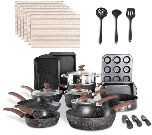 Kitchen Academy Ensemble de 30pièces Casseroles et Poêles Antiadhésives Noir,Set de Poêles à Induction, Casseroles en Granit Poêle à Grire avec Couvercle en Verre 3 Ustensiles en Silicone