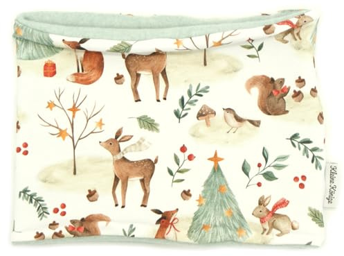 Kleine Könige Loop Schal Kinder Jungen bis 10 Jahre · Modell Hase Fuchs Reh Weihnachtswald beige · Innen Fleece mint · Made in Germany