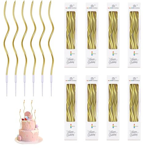 48 Stück Gebogen Geburtstag Kerzen, Spiral Kuchen Kerzen Metallisch Goldene Dünn und Lange Geburtstagskerzen mit Halter für Kuchen und Cupcakes, Ideal für Geburtstag und Hochzeitsparty Dekoration