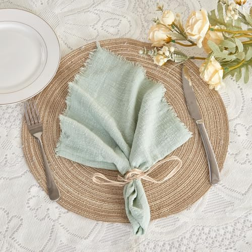 BALCONY & FALCON Baumwollstoff Servietten 12 Stück 50x50 cm mit Sackleinen Rustikaler Stil Waschbar Multipack Geeignet für Ostern Thanksgiving Weihnachten Hochzeiten Partys Bankette Salbeigrün