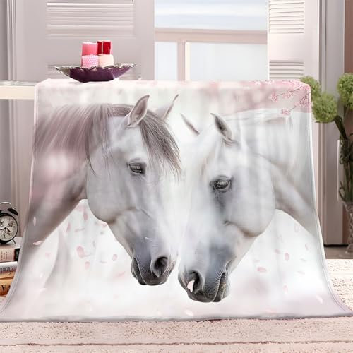 Generisch Sherpa Fleecedecke Flauschige 130x150 cm Kuscheldecke für Kinder Weißes Pferd Kirschblüte Flauschig Wohndecke Wolldecke Sofa Couch Bett Decken Sofaüberwurf überwurf Decke