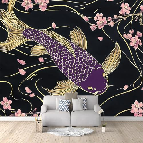 Fototapete Blumiger Lila Karpfen 200x140 cm 3D Vliestapete Wandbild, Mustertapete Moderne Wandtapete, Wohnzimmer Schlafzimmer Kinderzimmer Büro Flur Wanddeko