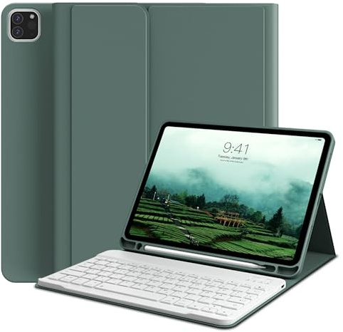 GKABXY Hülle mit Tastatur für iPad Pro 11 4/3/2 Generation 2022/2021/2020 | Soft TPU Rückschale mit Stifthalte, Magnetische Bluetooth Abnehmbare ipad pro 11 tastatur, QWERTZ Layout, Nachtgrün