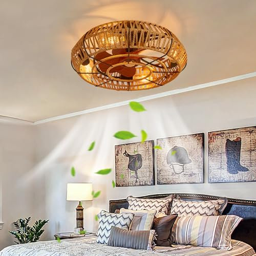 Vintage Industrial Caged Ceiling Fan with Lights and Remote Control Reversible Blades 6 Speeds Silent Operation Handwoven Design Ideal for Bedroom Living Room and Farmhouse Decor.