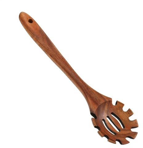 Cuillère à spaghetti | Fourchette à pâtes | Cuillère à pâtes de 32,6 cm | Cuillère à pâtes suspendue avec long manche | Louche à pâtes en bois avec dents pour pâtes, spaghettis, cuisine, pâtisserie