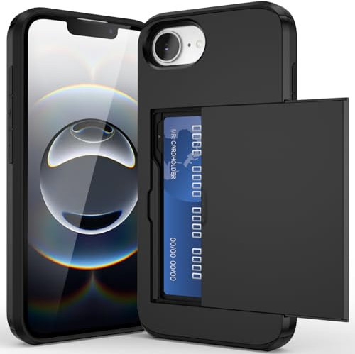 ACOCOBUY for iPhone 16e Case with Card Holder Sliding Cover Hidden Pocket IDs Credit Cards Slot Heavy Duty Shockproof Protective Dual Layer Wallet Phone Cover Back Shell for Men Women 6.1 inch Black