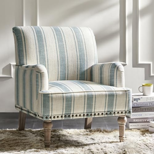 HULALA HOME Striped Accent Chair with Solid Wood Legs for Living Room, Blue