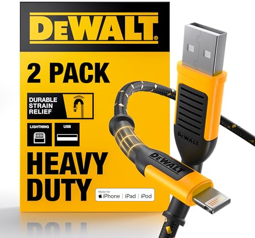 DEWALT Heavy Duty 2-Pack Durable Iphone Charger Cord, [Apple Mfi Certified] 4Ft Long Charging Cable, Compatible Apple Lightning To Usb Cable, Fast Charging Cords For Iphone 14/13/12/11/13 Pro/13 Max | Charging Cable, Compatible Apple Lightning to USB Cable, Fast Charging Cords for iPhone 14/13/12/11/13 Pro/13 Max