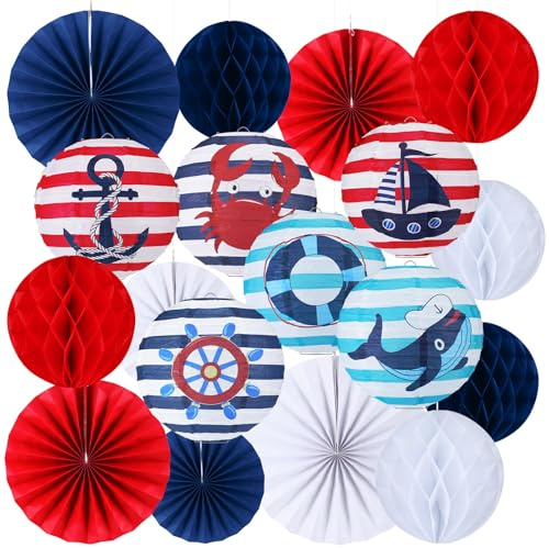 Retisee 18 Pcs Nautical Party Decoration Anchor Ship Wheel Hanging Paper Lantern Honeycomb Fans Honeycomb Ball for Boat Cruise Party Ceiling Decor Supplies
