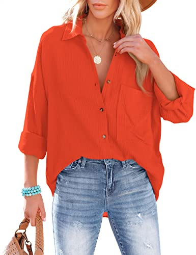 NONSAR Blusa de mujer informal, con cuello de pico, 100 % algodón, corte holgado, color liso, gruesa, elegante, con bolsillo