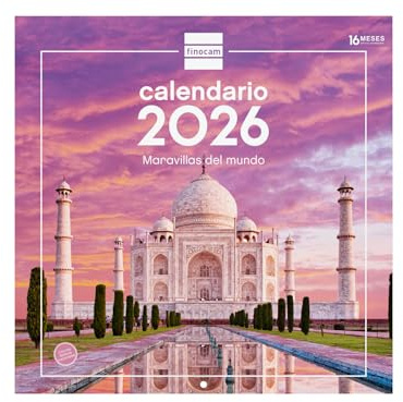 Finocam - Calendrier mural 2026 30x30 cm Vue mensuelle Janvier - Décembre 2026 + Sep.- Déc. 2025 (4 mois) réduits | Calendrier 2026 | Images Merveilles du monde - Espagnol