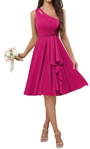 HPPEE Vestidos de dama de honor con un hombro descubierto para jóvenes, de gasa fruncida, corto, vestido formal de noche, fucsia, 44