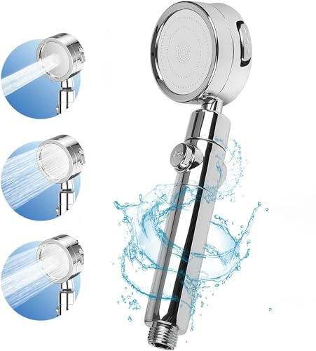 Pommeau de Douche Haute Pression avec Filtre - 3 Types de Jet - Amovible et Économe en eau - Arrêt à un Bouton - Anti-Calcaire - Rotation à 360° - Pour Salle de Bain et Douche - Chromé/Argenté