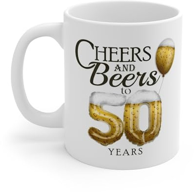 MugsByAly Happy 50th Birthday Coffee Mug, Cheers and Beers Design,Ceramic 11oz