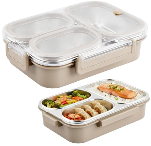 Daelesr Brotdose Edelstahl 1000ml mit 3 Fächern, Bento Lunchbox Erwachsene Auslaufsicher, Brotbox Vesperdose Kinder, Frühstücksbox Jausenbox Butterbrotdose für Mädchen Jungen Schule (Khaki)