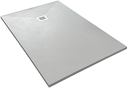 Belvit Duschwanne aus Kompositstein Weiß, Schieferstruktur, Größe 140x90 cm, flach und modern, rutschhemmend, robust, inkl. Ablaufgarnitur, einfache Montage