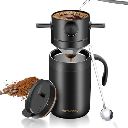 Hsyan Pour Over Kaffeebereiter mit Löffel, Camping-Kaffeetropfer, 500ml Manuelle Kaffeemaschine, Thermo Kaffeebecher mit Griff Edelstahl Spülmaschinenfest für Zuhause Unterwegs