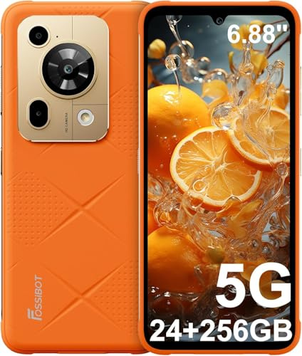 FOSSiBOT F112 Pro 5G Téléphone Portable Incassable 24Go + 256Go/1To, Smartphone Incassable Dimensity 6300, Écran HD+ 6,88 120Hz Android 14, 50MP 7150mAh Dual SIM Octa-Core/IP68/IP69K/NFC (Orange)