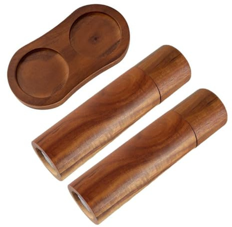 NIYANGLE Molinillo Manual de Pimienta y Sal 8 Pulgadas de Madera Acacia con Núcleo Cerámico Set 3 Piezas con Base Molinillo Práctico para Cocina y Mesa Recipiente para Especias y