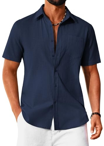 COOFANDY Camisa Hombre Manga Corta Algodón Camisa de Verano de Botones Camisas para Hombres Corte Regular Camisa de Playa para Hombres Navy Blue M