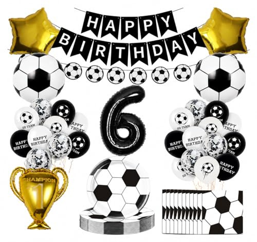 Dncvb Juego de vajilla de fiesta de cumpleaños con pelotas de fútbol, platos de cartón, pancartas, globos de aluminio para cumpleaños infantil (6)