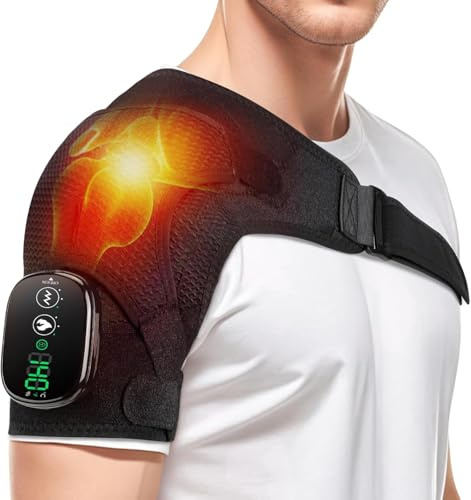 Heated Shoulder Wrap Brace Support with Vibration, Heating Electric Shoulder Wrap with Massage, 3 Modes Cordless Vibration Shoulder Pad for Men and Women, Fits for Left or Right Shoulder (Black)