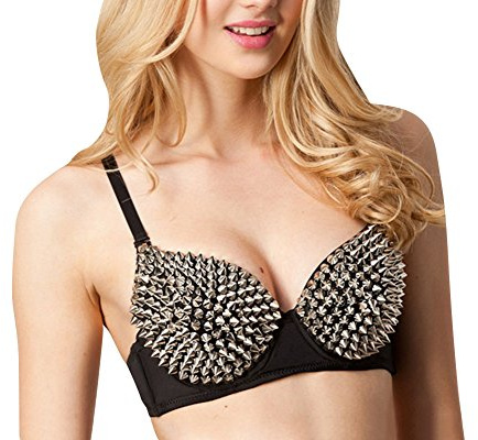 PengGengA Damen Reizvolle Büstenhalter-Punk-Leistung Metallische Nieten Verzierte Strappy Reizvolle BH Schwarzes Silber 36B/C