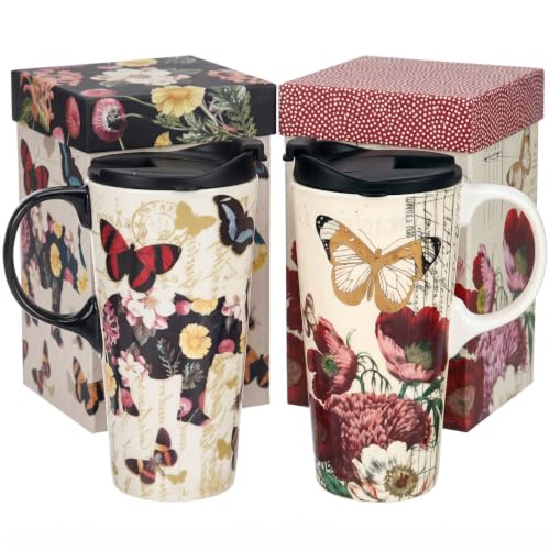 Topadorn Ceramic Coffee Mug Set of 2, 17 Oz Tea Cups with Handle and Lid for Latte, Tea, Cappuccino, Milk, Cocoa, Microwave&Dishwasher Safe, Flowers and Butterflies