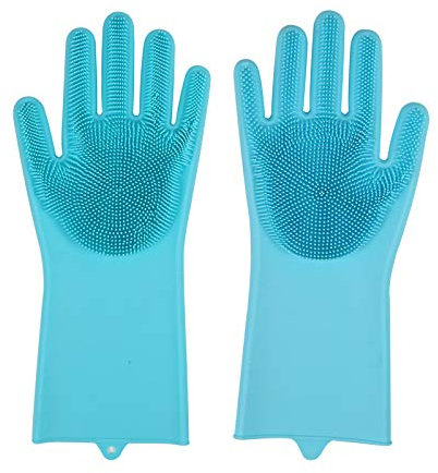 Silicone Dish Scrubber Gloves Reusable Heat Resistant for Dish Washing Cleaning Kitchen Bathroom Car Washing Large Non-Latex Sponge Gloves in Trendy Colors (Blue)