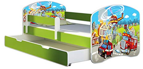 ACMA Kinderbett 140x70 Jugendbett mit Einer Schublade und Matratze, Farbe Grün, Rausfallschutz Lattenrost II Spielbett Kinderzimmer Möbel, 36 Feuerwehr