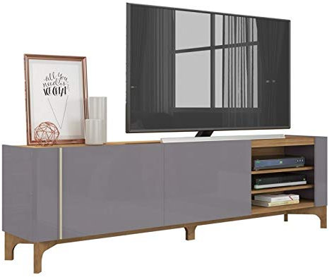 Caemmum Meuble TV 72 Pouces Gris et Chêne 2 Portes Coulissantes 5 Niches