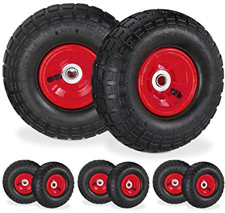 Lot de 8 roues de brouette 4.1/3.5-4, pneus de rechange pour chariot de transport pour essieu de 16 mm, 136 kg, 260 x 85 mm, noir/rouge