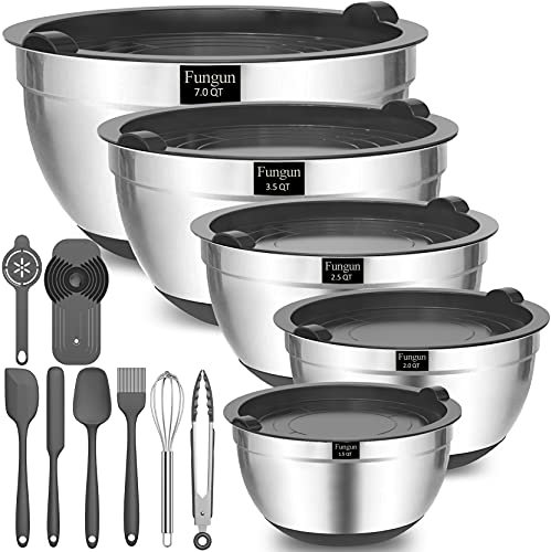 Mixing Bowls with Airtight Lids, 18 piece Stainless Steel Metal Nesting Bowls by Fungun, Non-Slip Bottoms Size 7, 3.5, 2.5, 2.0,1.5, Great for Mixing & Serving, Nesting(Grey)