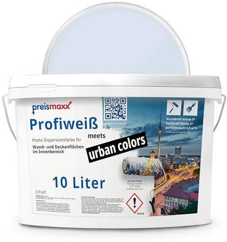 Preismaxx Profiweiß Wandfarbe blau 10L, hohe Deckkraft, Dispersionsfarbe innen, Innenwandfarbe Raumfarbe alpinblau deckend, Deckkraftklasse 2, matt Innenfarbe Profi Qualität