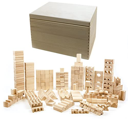 Holzfee Holzbausteine 240 XL Holzklötze naturbelassen mit Holzkiste Holz Bausteine Set