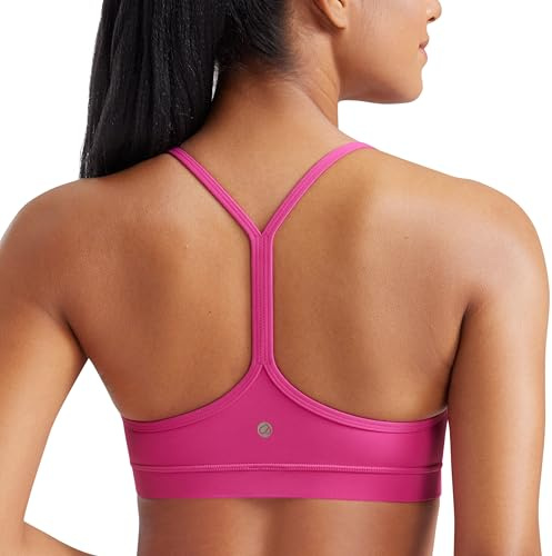 CRZ YOGA Women's Butterluxe Padded Sports Bra - Low Impact Y Back Strappy Bra Racerback Spaghetti Straps Gym Yoga Bras Hibiscus Purple M