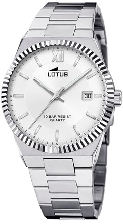 LOTUS Reloj Hombre Analógico de Acero Inoxidable 316l Plateado | Movimiento de Cuarzo, Calendario, Cristal Mineral de Alta Resistencia, Resistente al Agua 10 ATM 18835/2 Freedom