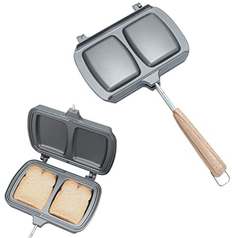 Les-Theresa Doppelseitige Sandwichmaker, Sandwichtoaster a Gas Antihaft Sandwicheisen Flip Grillpfanne für Waffle Panini Toast, für offenes Feuer (02)