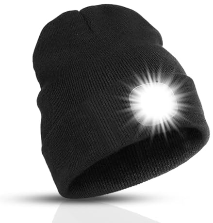 TYGA LED Beanie Mütze mit Licht - Wiederaufladbare Taschenlampe Beanie Mütze, Geschenke für Damen & Herren, Wasserdicht & Warm Wintermütze mit Eingebauter LED Taschenlampe für Laufen, Walking, Camping