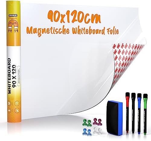 Whiteboard Folie 90x120cm - 3M Magnetfolie selbstklebend - Magnetische Tafelfolie abwischbar - Praktische Ferrofolie Weiß - Whiteboardfolie inkl. 4 Marker, großer Radiergummi und 8 Pins