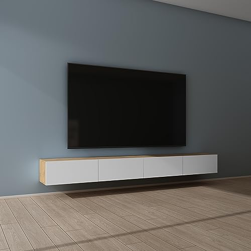Mai & Mai Fernsehschrank Hängend TV Lowboard hängend mit Gasdruckfedern | TV Schrank mit Klappen, viel Stauraum, Wandmontage in Kerneiche + Matt Weiß, Breite: 280 cm, Fernsehschrank02