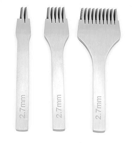 Scalpelli Set di Cuoio, 3 pezzi di Strumenti Punzonatura in Pelle, Kit Punzonatura per Pelle in Acciaio, 2,7/3,0/3,38/3,85 mm, con Punte da 2, 5 e 10 denti, Strumento per Cucire Pelle (3,38 mm)