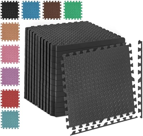 Fk Sports 25mm Extra Thick Gym Flooring Mat, Leaf 60x60cm (Black, 16pcs | 64 sq.ft) Non-skid mats, Soft Cushion EVA Rubber foam, Interlocking Puzzle Floor Tiles, for home Yoga Workout