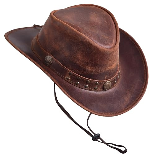 Sidewinder Australischer Cowboy-Lederhut, Steampunk, Unisex, Erwachsene, für Damen und Herren, formbar, Outback, Western-Stil, breite Krempe, Braun, XXL
